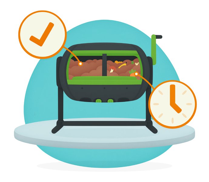 Cartoon of a compost bin with a tick about the left chamber that is filled with ready compost and a clock over the right chamber that is filled with a mix of compost and food scraps