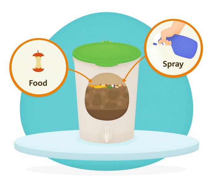 Cartoon of Bokashi bin showing the mix of food and grain in the bin