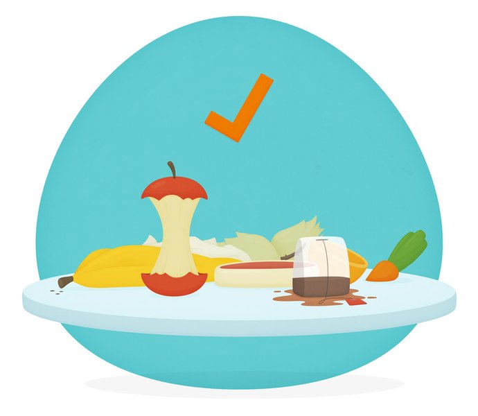 Hình vẽ minh họa các loại thức ăn có thể cho vào thùng Bokashi bao gồm ruột táo, vỏ chuối, thịt, túi trà, cà rốt, cam và xà lách.