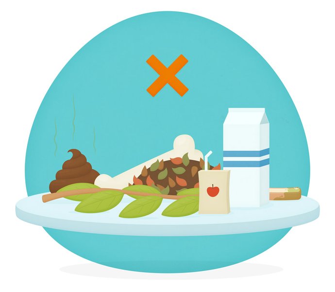 Hình vẽ minh họa các loại thức ăn không thể cho vào thùng Bokashi bao gồm sữa, nước hoa quả, xương, rác thải vườn và phân của vật nuôi