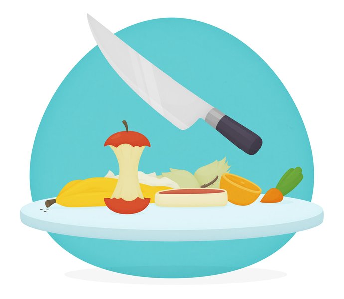La vignetta mostra un coltello che taglia il cibo da buttare in un secchio bokashi.