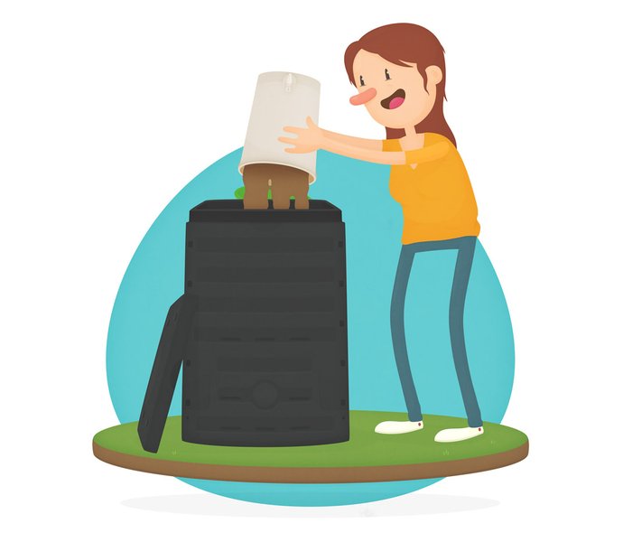 La vignetta mostra una signora che vuota il secchio bokashi in un bidone da compostaggio