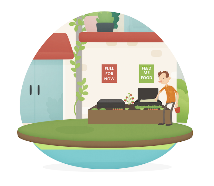 Illustration of two inground worm farms in a raised bed. A man is putting food scraps into omne of the farms which has a sign that says 'FEED ME'. The other farm has a sign anove ut that saus 'Full for now'