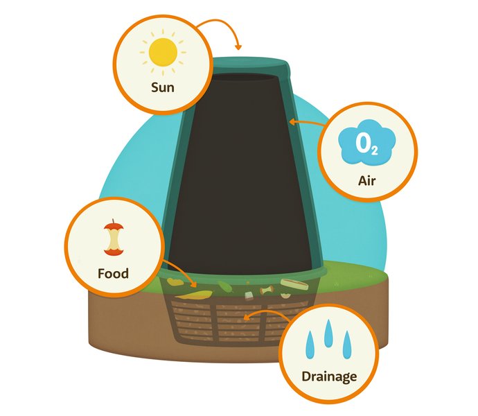 Illustration of a Green Cone on soil showing key ingredients.