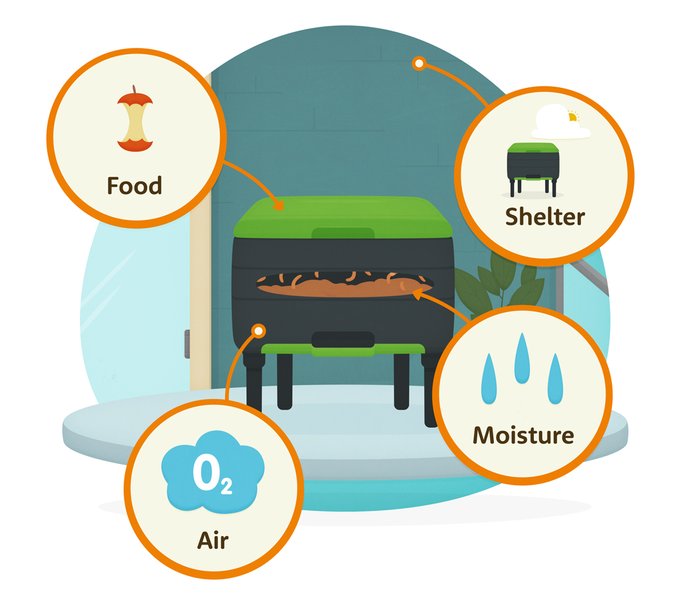 Image of wormfarm in the darkness, with plenty of air, moisture and food.