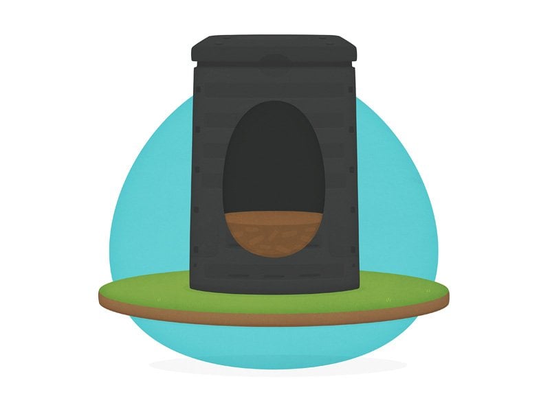 Cartoon of a compost bin with some wood chips in the bottom