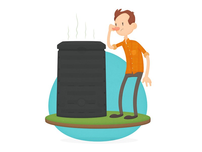 Cartoon of man next to compost bin holding his nose