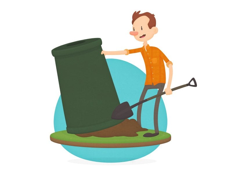 Cartoon of smailing man tilting the compost bin and scraping a small amount of compost out from the bottom
