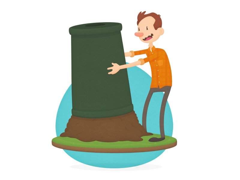 Cartoon of excited man lifting the bin completely off to get access to all the compost