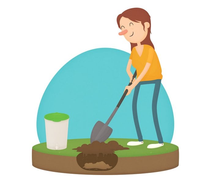 Cartoon of lady standing with a spade over a hole in the soil and a Bokashi bin next to her