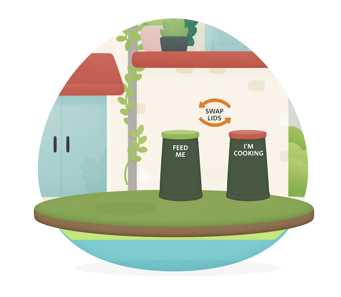 Illustration of two compost bins in front of an apartment building, one a feed me sign (green lid) and the other with an 'I'm Cooking' sign - a poster behind then reads 'Swap lids'